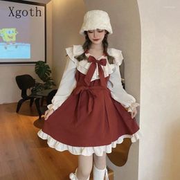 Work Dresses Xgoth Sweet Women Dress Sets Cute Bow Lace-up Wooden Ear Strap Doll Neck Ruffles White Shirt 2024 Spring Female Outfits