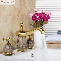 Bathroom Sink Faucets Torayvino Classic Delicate Ceramic And Golden Finish Basin Faucet Dual Handle Deck Mounted Cold Water Mixer