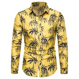 Camicia a maniche a maniche lunghe in stile hawaiane con stampato a foglia hawaiani di autunno per uomini