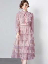 Casual Dresses 2024 Spring Women Elegant Pink Mesh Princess Party Vintage Fashion Ruffles High Waist Cake Midi Dress Vestdios