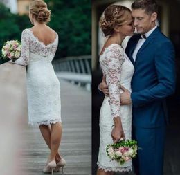 Summer 2019 Short Lace Wedding Dresses Knee Length Simple Jewel Neck Long Sleeves White Ivory Mini Sheath Wedding Dresses Bridal G1758568