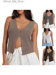 Women's Tanks Camis Women s Deep V Neck Knitted Vest Solid Colour Button Up Crochet Tank Tops Y2K Summer Sleless Shirt for Beach Party d240427