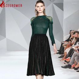 Work Dresses ZEEROMER 2024 Autumn 2 Piece Suits Women Green Ruffles Knitted Sweater Bling Long Pleated Colour Striped Skirt Set
