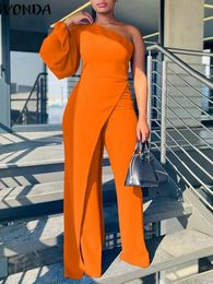 Plus Size 5XL VONDA Elegant Women Jumpsuit 2024 Summer Long Sleeve Sexy Off Shoulder Rompers Irregular Hem Solid Casual Playsuit 240420