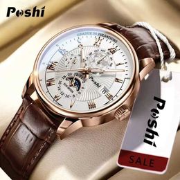 Wristwatches Swiss brand POSHI Mens Fashion Top Luxury Sports Wrist Waterproof Luminous Leather Date Quartz Watch Q240426