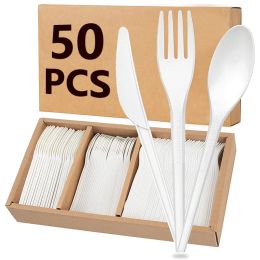 Sets 50/30/20/10pcs Disposable Natural Corn Dinnerware Knife Fork Set For Wedding Birthday Party Utensil Dessert Cake Spoon Tableware