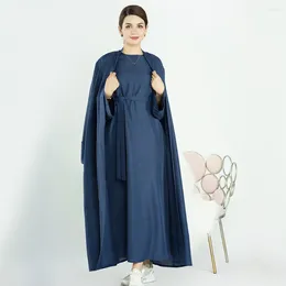 Ethnic Clothing 2PCS Sets Modest Abaya Dress Spring Linen Cardigan And Inner Robe Muslim Islamic Casual Costumes Dubai Party Vestiods Gown