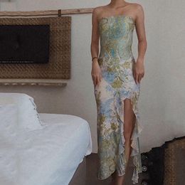 Summer French Fashion Elegant Sexy Printed Split Tube Top Dress For Women