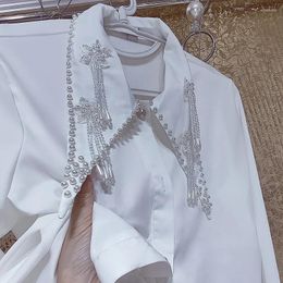 Women's Blouses Luxury Fairy Diamonds Tassels Crystal Pearls Beaded Satin Flowers Bottomong Faux Silk Shirts Rhinestones Cardigan Blusas