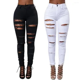 Women's Pants Denim Casual Solid Color High Stretch Ripped Skinny Hole Jeans Fashion Sexy Lift Hips Slim Waist Pencil
