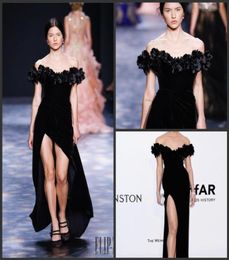 2020 New Black Marchesa Split Dresses Evening Wear Sheath Off Shoulder Party Evening Gowns Velvet Floor Length Celebrity Dress 2722720404