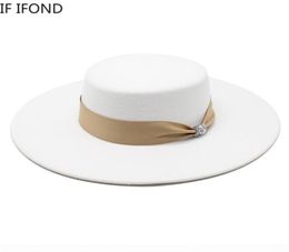 French Ladies White Bownot Satin Felted Fedoras Hat Women Banquet Elegant Formal Party Dress Cap 10CM Wide Brim Church Hat 2205144069486