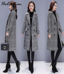 Hodisytian Winter Women Wool Blends Plaid Trench Coat Elegant Outerwear Casual Loose Thick Cardigan Female Cashmere Overcoat 3XL 26954195