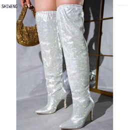 Boots 2024 Silver Rhinestone Knee High For Women Designer Stilettos Heels Sexy Lace Up Wedding Autumn Winter Shoes 44