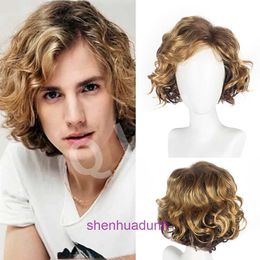 New mens wig slanting bangs short curly rose net headgear