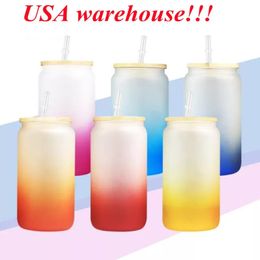 local warehouse 16oz sublimation Gradient glass tumbler frosted blank glass can with bamboo lid reusable straw Colourful Glass jar 303J