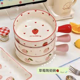 Bowls Household Ceramic Bowl Fruit And Vegetable Salad Light Rice Handle Plate Cute Strawberry Tableware Soup