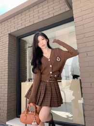 Work Dresses College Style Suit Women's Spring V-neck Twists Badge Knitted Cardigan Plaid Pleated Skirt Two-piece Set Fashion Female Clothes