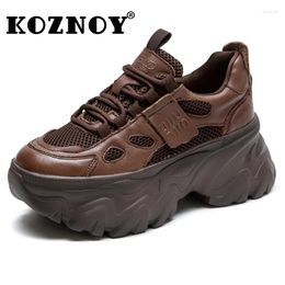 Casual Shoes Koznoy 6.5cm Genuine Leather Air Mesh Ankle Boots Flats Breathable Spring Hollow Women Vulcanize Chunky Sneaker Summer