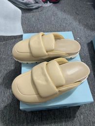 Slippers 2024 Heightening Leather Women Cover Toe Beige Khaki Color Soft Casual Shoes Big Size Concise Ladies Brand Design