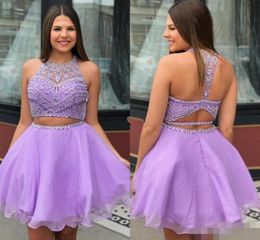 Cute Lavender Homecoming Dresses Two Piece Jewel Neck Luxury Beaded A Line Backless Custom Made Hollow Graduation Party Gowns2428606