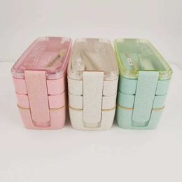 Bento Boxes Healthy materials lunch box 3-layer wheat straw bento microwave tableware food storage 900ml Q240427