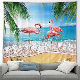 Tapestries Tropical Landscape Tapestry Ocean Flamingo Parrot Green Foliage Plant Coconut Tree Boat Sunset Outdoor Wall Hanging Art Screen