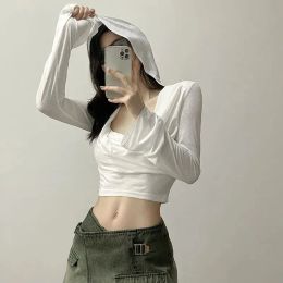 Blouse Lucyever Hooded White Crop Tops for Women Sexy Hot Girl LowCut Cropped Shirts Woman Summer Thin Simple Long Sleeve TShirts