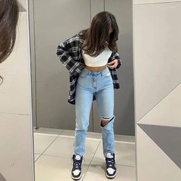 Women's Jeans Ladies Ripped Holes Women Thin Casual Straight Trousers Trend Girls Clothing 2024 Spring Autumn