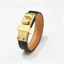 Cuff High Quality Eco-Friendly Pu Leather Copper Gold Plating Clasp Unisex Bracelets For Women Fashion Classic Luxury Brand Jewellery Dhrww