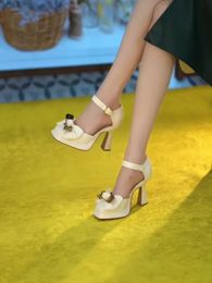 High Heels for Office Work Beige Bow Buckles Sandals Women Outdoor Footwear Ladies Shoes Summer One Word Thick Heel Luxury 240425