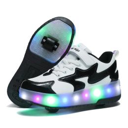 Boots Flashing Roller Skate Shoes Kids Boy Girl USB Charging LED Shoes Children PU Leather Luminous Wheels Sneakers for Outdoor Street