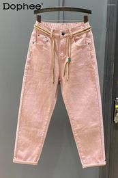 Women's Jeans Fashion Simple Pink Casual Denim Harem Pants Autumn Korean Stretch Elastic High Waist Baggy Cropped Jean