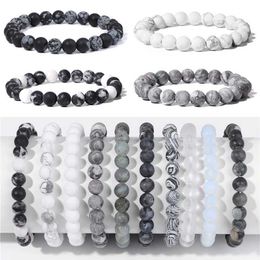 Beaded 8mm black and white natural stone bracelet handcrafted matte protein bead energy yoga mens Jewellery gift