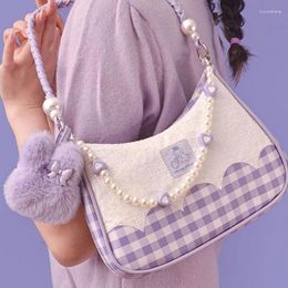 Evening Bags Xiuya Kawaii Women Shoulder Bag Cute Purple Fashion Patchwork Plaid Underarm 2024 Sweet Summer Designer Handbag