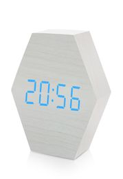 Creative LED wooden hexagonal clock intelligent voiceactivated alarm clock for bedroom office home desk Blue light5823482