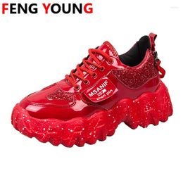 Fitness Shoes 2024 Women Sneakers Bling Red Sequined Cloth Woman Fashion Wedge Platform High Top