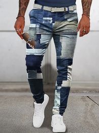 Mens long pants with geometric patterns mens business 3D printed slim fit pants navy blue mid rise outdoor street wear 240423