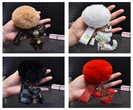 Cute Pompom Keychains Fashion Cat Teddy Bear Designer Key Chain Ring Gifts Women PU Leather Car Buckles Bag Charm Accessories Men 1580892