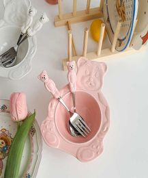 Korean Colour Cute Bear Spoon Fork Tableware Spoon Dessert Spoon Fork Fruit Fork Y07023912905