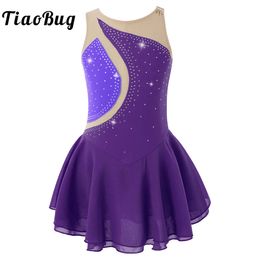 Kids Girls Mesh Splice Rhinestone Figure Ice Skating Dress Ballet Dance Stage Performance Dance Costumes 240412