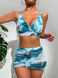 Women's Swimwear Three Piece Set With Skirt 2024 Split Body Suits Swimsuit Deep V Bikini Women Sexy Tie-dye Vintage Summer Beachwear