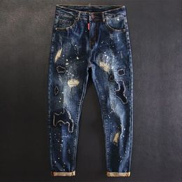 Jeans for Men Cropped Ripped Tapered Male Cowboy Pants with Holes Trousers Broken Torn 90s Streetwear Clothes Y2k 2000s Casual 240425