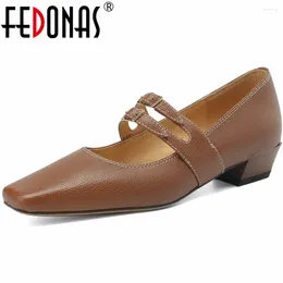 Casual Shoes FEDONAS Basic Women Pumps Square Toe Genuine Leather Buckles 2024 Spring Summer Mature Office Lady Working Woman