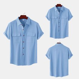 Linen Shirt, Men's Short Sleeved, Quarter Sleeved Cotton and Linen Shirt, Solid Color, Simple and Casual, Summer