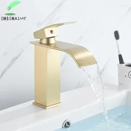 Bathroom Sink Faucets Brushed Gold Basin Faucet Deck Mounted Waterfall Cold Water Mixer Single Handle Hole Taps