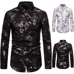 Men Dress Shirts Spring Nightclub Fashion Men Gilt Printed Stretch Long-sleeve Shirt1187B