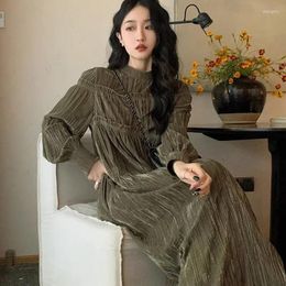 Casual Dresses Women Vintage Velvet French Elegant Ruffles Folds Party Prom Robe Autumn Long Lantern Sleeve One Piece Vestidos Q775