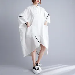 Party Dresses White Women Asymmetrical Shirt Dress Batwing Sleeve Loose Front Buttons Midi Big Pockets Turn-down Collar Summer ZL284