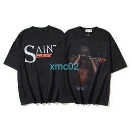 2024 Spring/summer New T-shirt American Hip Hop Saint Religious Oil Painting Wash Out Vintage Short Sleeve Fashion